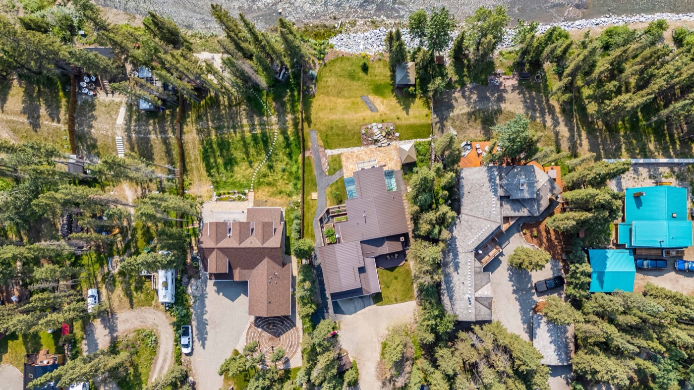 Aerial drone view of a property and its surroundings